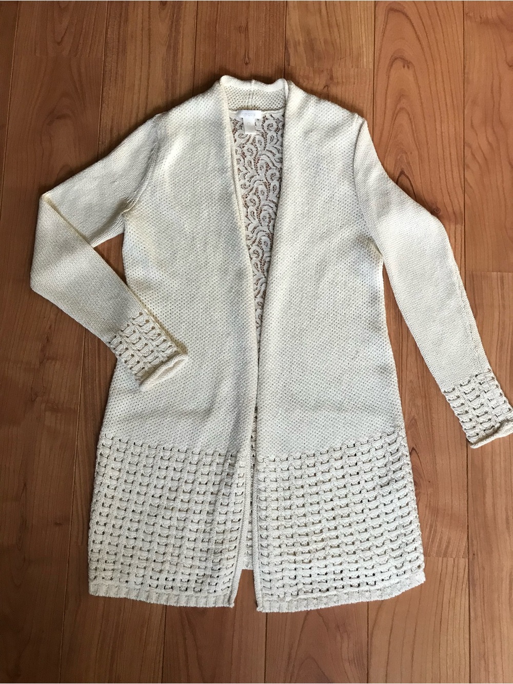 Chico's Cream Open-Front Knit  cardigan with lace in back & iridescent detail